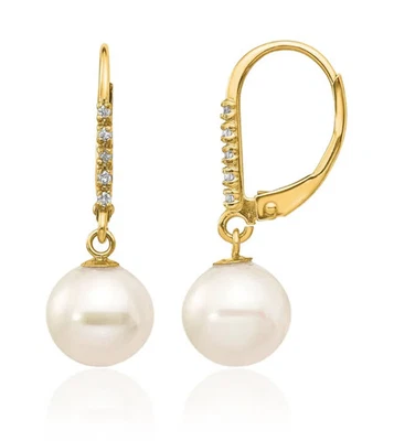 14K Solid Yellow Gold 8mm White Round Freshwater Cultured Pearl Diamond Dangl... - Image 1 of 4