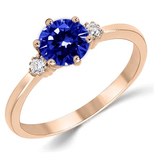 14K Solid Pink Rose Gold Lab Created Sapphire Three Stone Engagement Ring - Picture 1 of 4