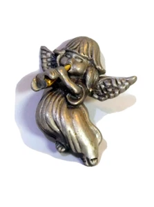 Daria Angel Hat Pin Brooch Pewter Gold Horn 1” Grey Metal Hallmark Round Latch - Picture 1 of 10