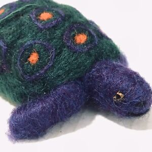Handmade 100% Wool Felted Green Purple Posable Turtle Signed Tag FolkArt Figure