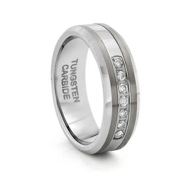TungstenMasters 8 毫米/6 毫米钨哑光银色结婚戒指 带 CZ 石 — 第 1/4 张图片