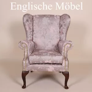 Englische Möbel Queen Anne Ohrensessel JAB Bezugstoff Club Sessel Mahagoni NEU - Bild 1 von 5