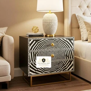 Bone Inlay Nightstand Table, Bedside Table 3 Drawer Black Illusion Pattern Furni - Picture 1 of 9
