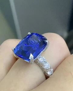 Alianza de diamantes con zafiro natural cojín de 12,45 quilates platino 950 talla 6 7 8 - Imagen 1 de 5