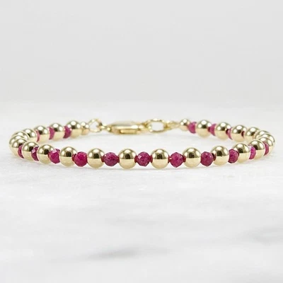 Genuine Ruby & 14k Gold Filled Beaded Bracelet – 3mm Faceted Ruby, 4mm Gold Bead - Image 1 of 4
