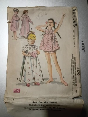 McCall's Nightgown Pajamas #4170 1950's Sewing Pattern Girls 4 Vintage  - Image 1 of 3