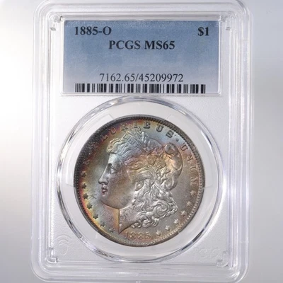 1885-O Morgan $1 PCGS Certified MS65 Double Sided Rainbow Toned Silver Dollar - Image 1 of 2