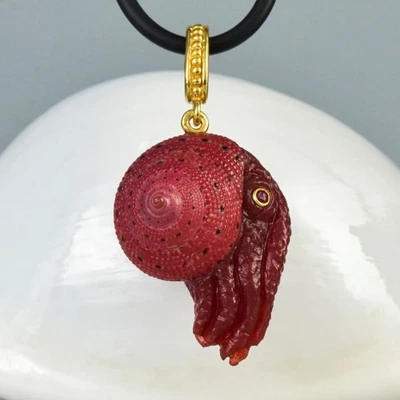 Red Strawberry Top Shell Nautilus Pendant Chalcedony Gold Vermeil Sterling 5.42g - Image 1 of 4