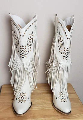 Western Cowboy Boots Faux Womens White Fringe Embroidered Festival Rodeo US 13M - Image 1 of 4