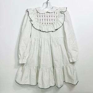 Polly Flinders Smocked Dress Size 6 White Green Dot Red Rosettes Cottage READ - Picture 1 of 9