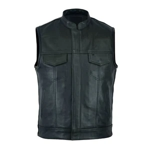 Black Cut Off Gilet Cowhide Leather Mens Waistcoat Vest Sons of Anarchy Style - Picture 1 of 8