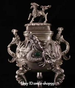Alt China Bronze Silber Intarsien Edelstein Kylin Drache Phönix Räuchergefäß Räuchergefäß - Bild 1 von 9