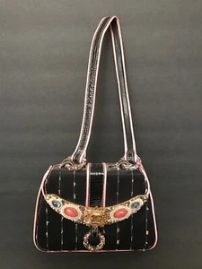 Mary Frances Handbag BLACK & PINK BEADED SHOULDER PURSE SNAP CLOSURE - Picture 1 of 5