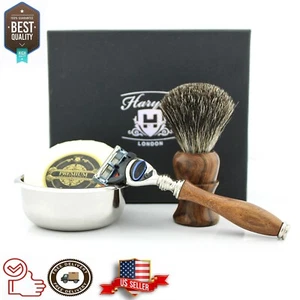 Juego de afeitado clásico de madera para hombre cepillo de tejón, afeitadora de 5 bordes y kit de afeitado con jabón - Imagen 1 de 5