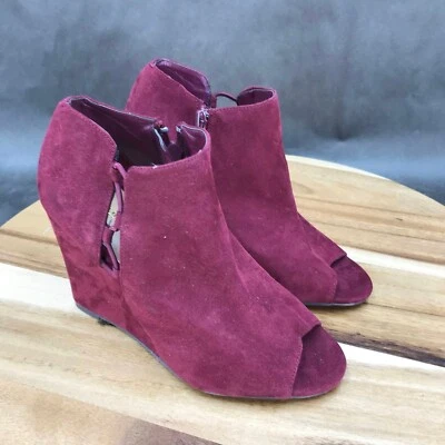 Maurices Red Faux Suede Zip Up Peep Toe Wedge Booties Womens Size 6 - Image 1 of 4