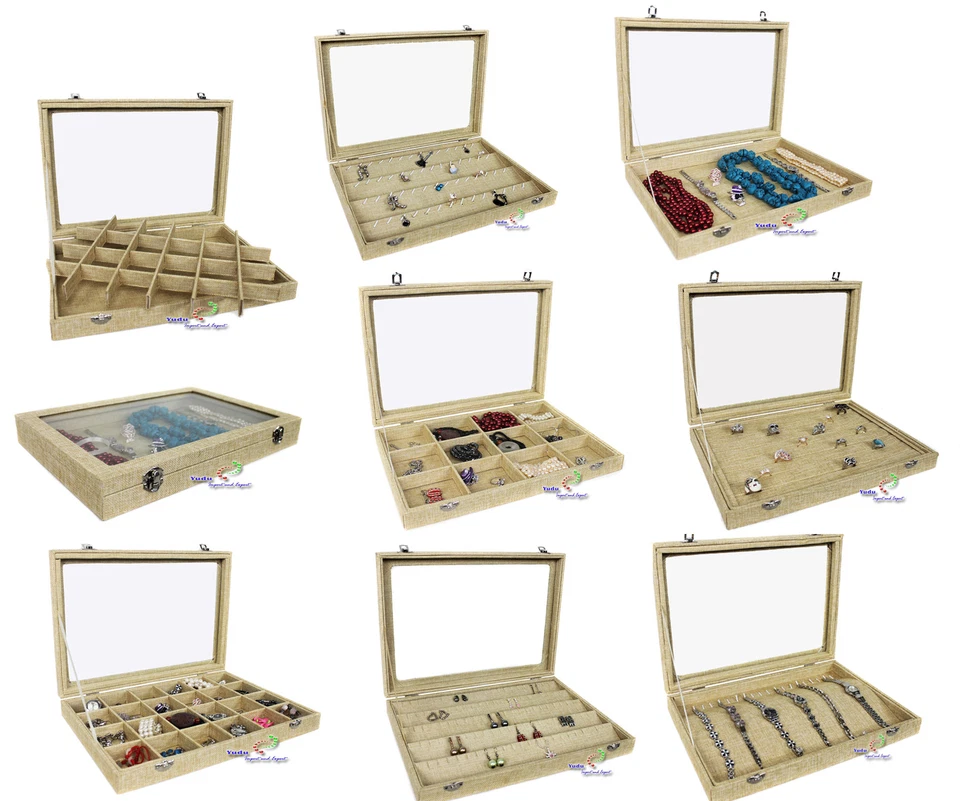 YUDU Schmucklade Schaukasten Schmucktablett Juwelier mit Glasdeckel Jute Optik