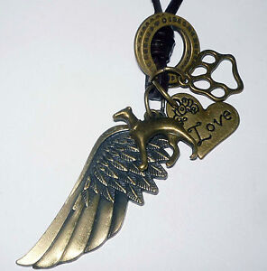 Memory Necklace with Bronze Greyhound Dog Charm, Bronze Angel Wing
