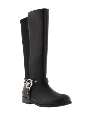 ¡Nuevo! MICHAEL KORS ~Talla 12~ MK Logo Niñas Pequeñas Emma Montar Botas Altas Negras Foto 1 de 4
