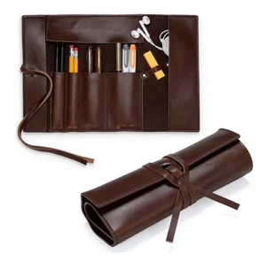 pencil pen Stationery roll holder case bag pocket cow Leather pouch brown H509 - Picture 1 of 3