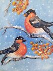 Original mini oil painting Redbreast birds on snow Christmas wall decoration