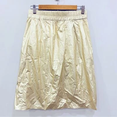 COS S Gold Metallic Shimmer Pull On Crinkled Cotton Lined Skirt Pockets Glam 36 - Image 1 of 4
