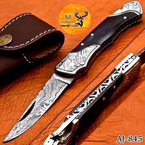 CUSTOM HANDMADE FORGED DAMASCUS STEEL FOLDING POCKET KNIFE BULL HORNE HANDLE 845 - Picture 1 of 5