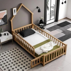 Twin Size Floor Bed with Door & Fence for Kids Boys Girls,Montessori Floor Be... - Picture 1 of 7