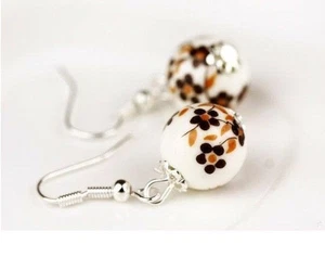 Brown White Porcelain Bead Earrings Drop Dainty Dangly Flower UK SELLER - Picture 1 of 3