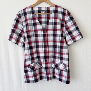 Vintage MT Designs Jacket Blazer Size 16 Blue Red Plaid Tartan Short Sleeve 90s - Picture 1 of 9