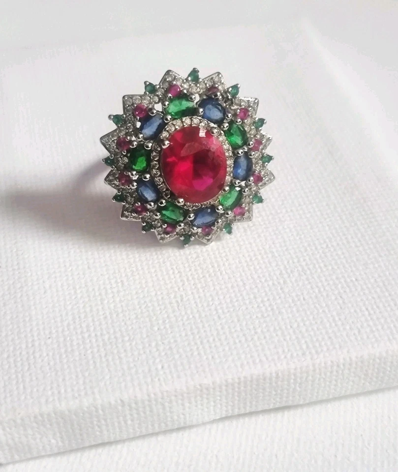 Anillo Talla Q Declaración Imitación Rubí Plateado Brillante Glamour Foto 1 de 4