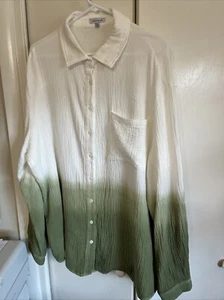White Birch Women Crinkle Gauze Button Up Shirt Lg Sleeve Sz XL Oilve Green Ombr - Picture 1 of 10