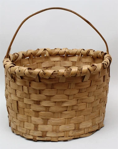 Vintage GATHERING BASKET Round Split Wooden Woven w/Handle 12" Diameter 8" Tall Cover