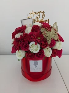 Hat Box Birthday Red/Cream Butterfly Silk Flowers & Earrings - Gift Hamper - Picture 1 of 2