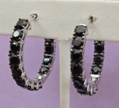 Natural Black Spinel Inside Out Hoop Earrings in Rhodium Over Sterling 9.0ctw - Image 1 of 4