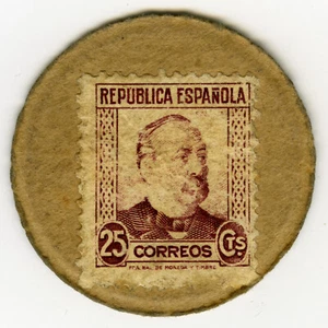 # SPAIN ☆ CIVIL WAR ENCASED POSTAGE STAMP • REPUBLICA 25c• TIMBRE MONNAIE ☆C9471 - Picture 1 of 4