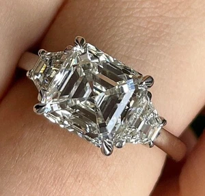 GIA 3.47ct Asscher Cut Diamond 3 Stone Engagement Wedding Platinum Vintage Ring - Picture 1 of 13