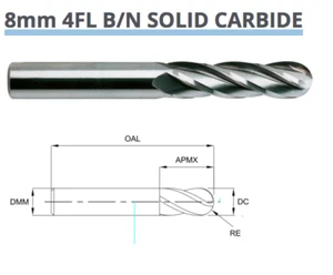 8mm CARBIDE BALL NOSED END MILL 4 FLUTED EUROPA TOOL 3153030800  109 - Picture 1 of 7