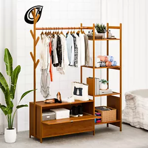 Entryway Hall Tree Coat Rack Clothes Closet Organizer Multi Tier Storage Shelves - Picture 1 of 14