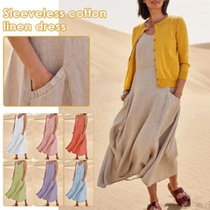 Womens Cotton Linen Sleeveless Loose Maxi Dress Pocket Plain Long Sundress - Picture 1 of 22