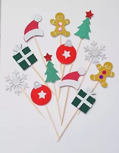 12 CHRISTMAS Cupcake Toppers Picks Glitter Santa Gingerbread Man Snowflake Tree - Picture 1 of 8