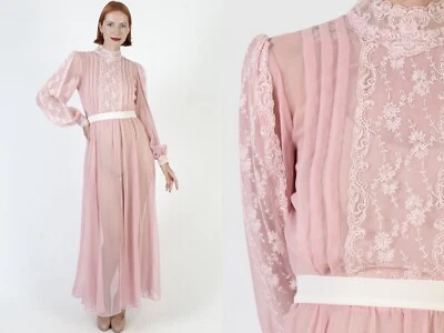 Vtg Sheer Victorian Chiffon Dress See Through Lace Edwardian Antique Maxi Gown - Image 1 of 4