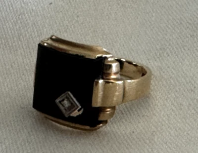Anillo Antiguo Oro Amarillo 10kt Art Deco Diamante Ónix Negro 7.5 Foto 1 de 4