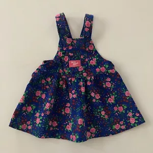 Vintage USA Oshkosh Baby Girl 18 Months Floral Corduroy Overall Dress Blue Pink - Picture 1 of 10