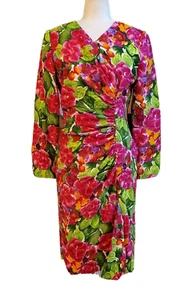Carolina Herrera Neiman Marcus 100% Silk Floral Print Ruched Midi Dress Size 8 - Picture 1 of 9