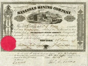 1853 Manassas Mining Stock Certificate - Picture 1 of 1