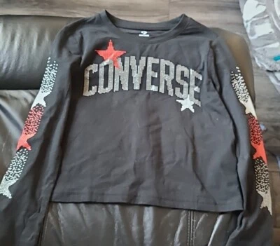 Converse Girls Small Long Sleeve Top Sparkle Texture Shirt NEW Black/Red/Silver  - Image 1 of 4