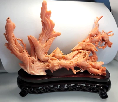ESTATUA TALLADA NATURAL PRIME ROSA PIEL DE ÁNGEL MOMO CORAL TALLADA 天使之肤珊瑚雕百鸟朝凰 FÉNIX Foto 1 de 4