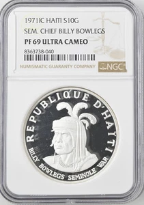 1971 C HAITI Silver 10 GOURDES NGC PF-69 SEM. CHIEF BILLY BOWLEGS - Picture 1 of 2