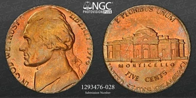 1978 5C JEFFERSON NICKEL STRUCK ON 1C PLANCHET MINT ERROR NGC MS65RB 1293476-028 - Image 1 of 4