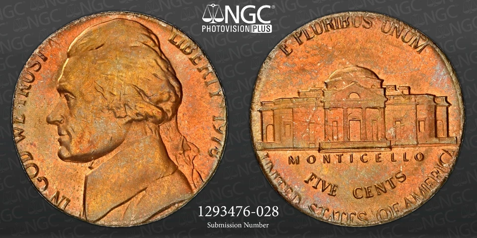 1978 5C JEFFERSON NICKEL STRUCK ON 1C PLANCHET MINT ERROR NGC MS65RB 1293476-028 - Image 1 of 4